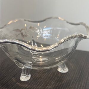 MId Century City Glass Company Flanders Footed Silver inlay candy dish